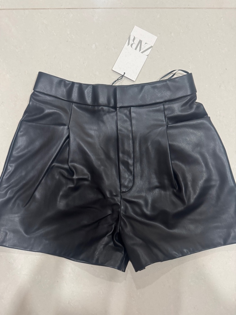 ZARA Black Faux Leather High-Waist Pleated Shorts